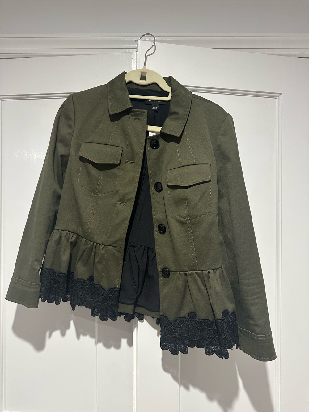 NWT Ann Taylor Olive Green Utility Peplum Jacket with Black Lace Hem sz 4